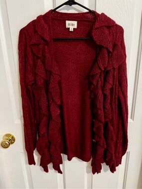 BIBI  Ruffle Button Front Cardigan Sweater - Garnet Red